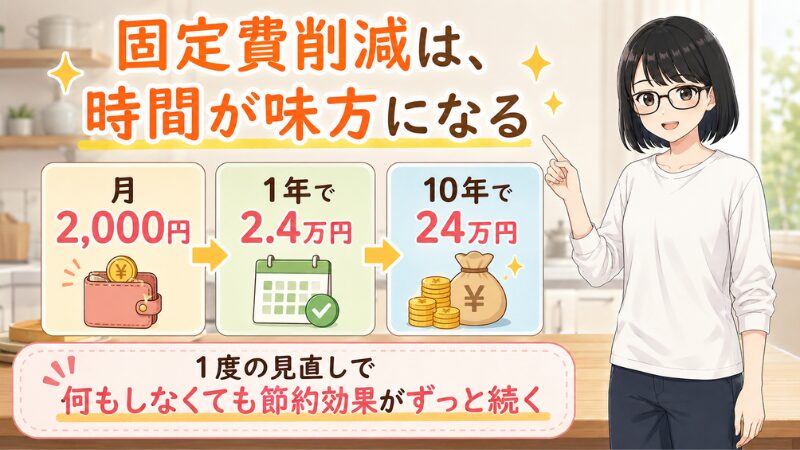 固定費削減は時間が味方になる。月2,000円→年2.4万円→10年で24万円の削減。1度の見直しで何もしなくても節約効果がずっと続く。笑顔の女性のイラスト。