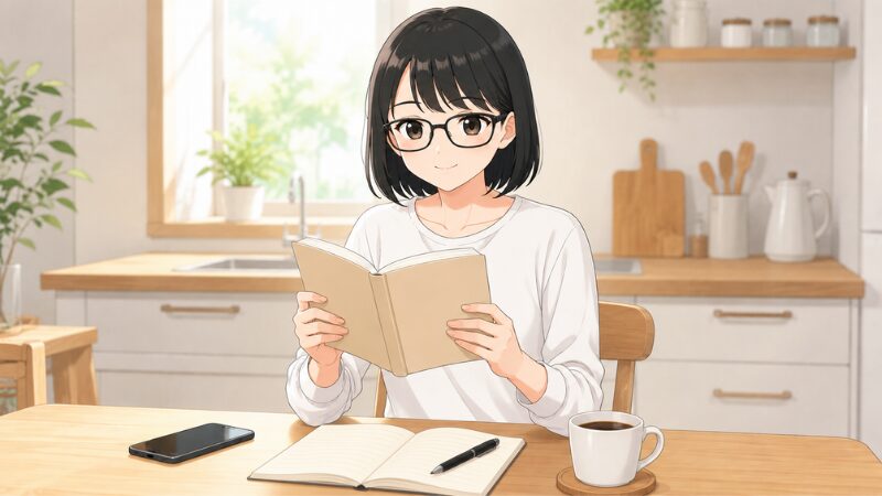 本を読んで勉強する女性。 テーブルにノート、ペン、スマホ、コーヒー。