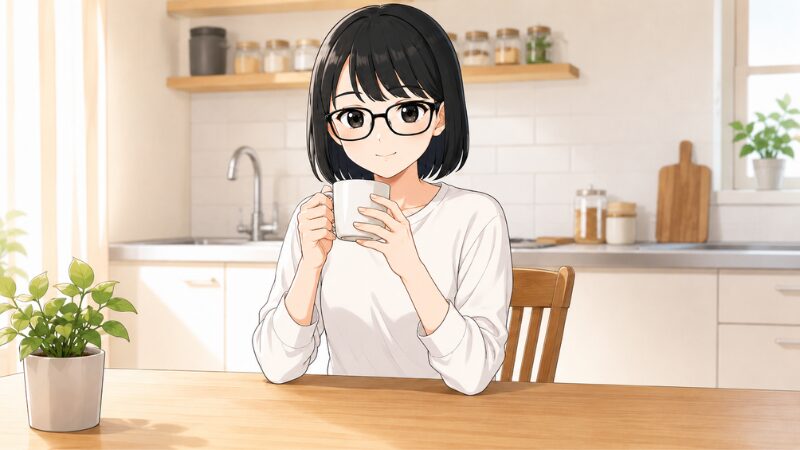キッチンでコーヒーを飲む女性