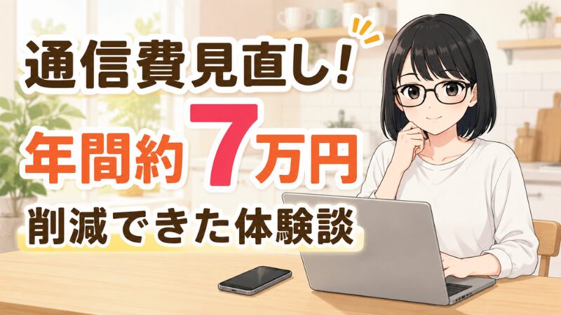 通信費を見直して年間約7万円の固定費を削減できた体験談。笑顔の女性のイラスト。