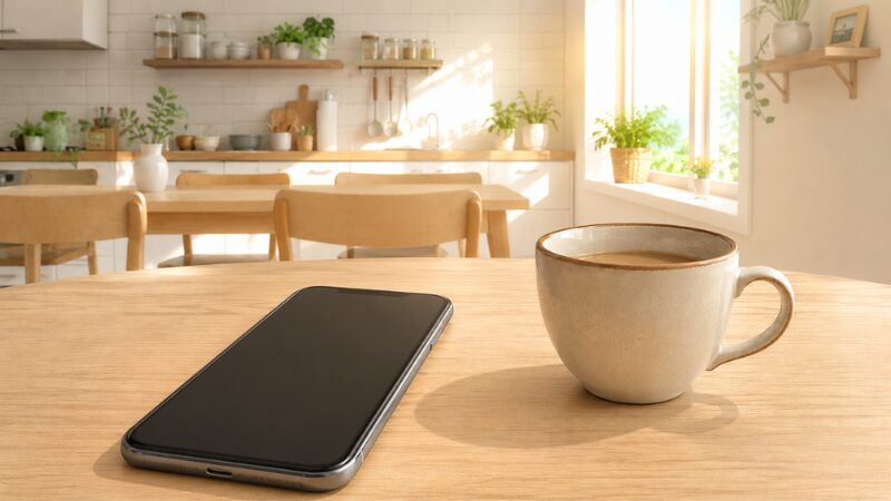 テーブルの上にスマホとコーヒー