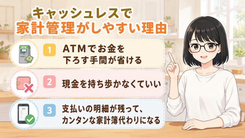 キャッシュレスで家計管理がしやすい3つの理由。①ATMでお金を下ろす手間が省ける②現金を持ち歩かなくていい③支払いの明細が残って、カンタンな家計簿代わりになる