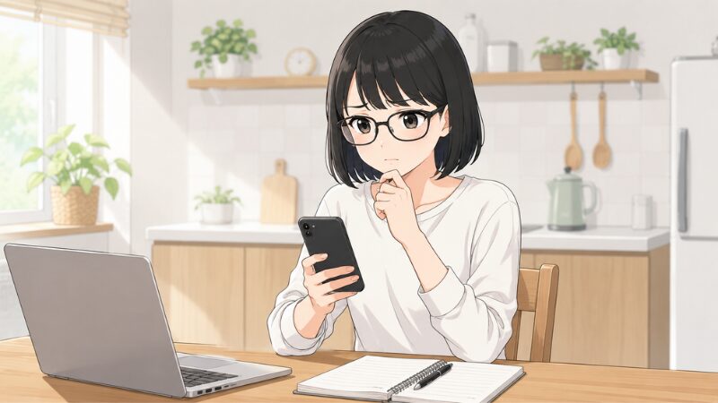 スマホを見て悩む様子の女性