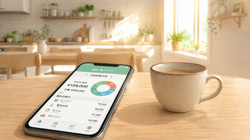 スマホの家計簿アプリで収支を見ている。テーブルの上にコーヒー