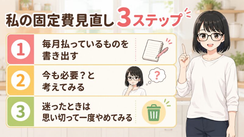 私の固定費見直し3ステップ。①毎月払っているものを書き出す②今も必要？と考えてみる③迷ったときは思い切って一度やめてみる。笑顔の女性のイラスト
