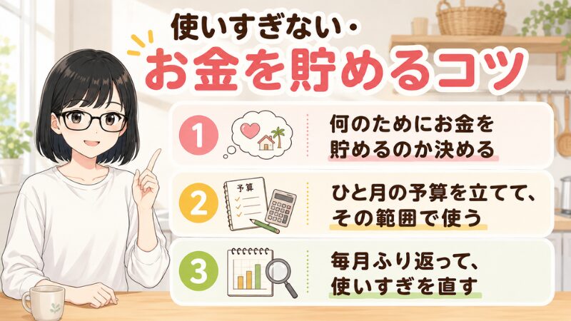 使いすぎない・お金を貯める3つのコツ。①何のためにお金を貯めるのか決める②ひと月の予算を立ててその範囲で使う③毎月振り返って使いすぎを直す