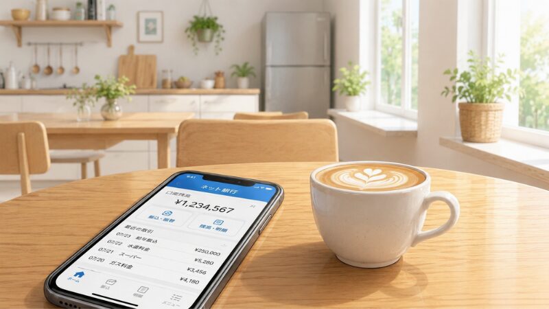スマホのネット銀行アプリで口座残高を確認している。テーブルにコーヒー