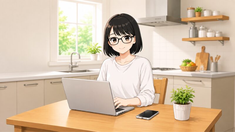 パソコンを操作する女性。にこやかな表情。テーブルの上にスマホと観葉植物。