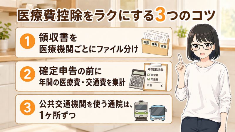 医療費控除をラクにする3つのコツ①領収書は医療機関ごとに分けて保管②確定申告前に年間医療費・交通費を計算③公共交通機関を使う通院は、1ヶ所ずつ