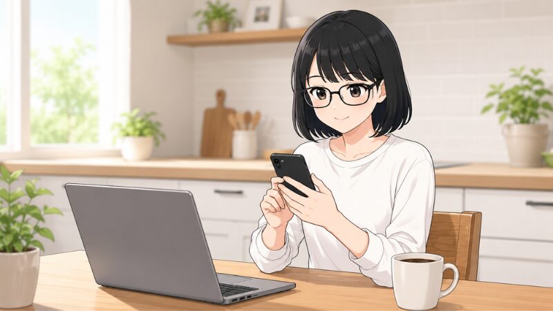 スマホを操作している女性・テーブルの上にノートPCとコーヒー