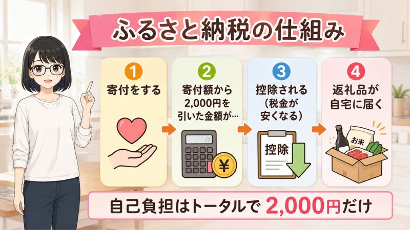 ふるさと納税の仕組み。1、寄付をする。2、寄付額から2,000円を引いた金額が。3、控除される。税金が安くなる。4、返礼品が自宅に届く。自己負担はトータルで2,000円だけ