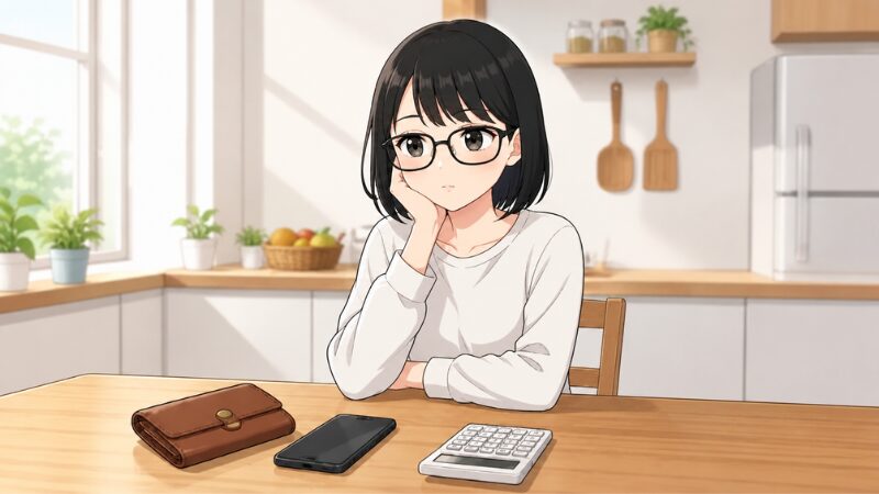 悩んでいる様子の女性。テーブルの上にスマホ、財布、電卓。