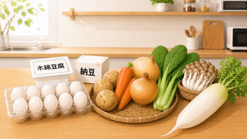 テーブルの上に、玉子、豆腐、納豆、玉ねぎ、人参、じゃがいも、小松菜、しめじ、大根。背景はキッチンのイラスト。