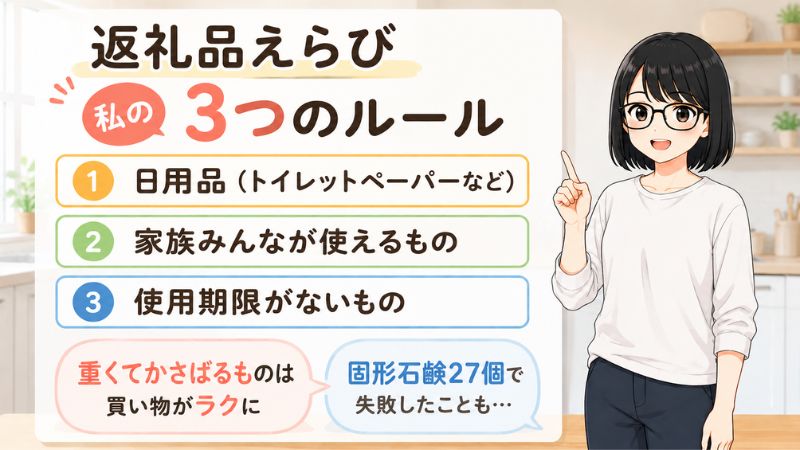 ふるさと納税の返礼品えらび、私の3つのルール。1つめは日用品でトイレットペーパーなど。2つめは家族みんなが使えるもの。3つめは使用期限がないもの。重くてかさばるものは買い物がラクになる。固形石鹸27個で失敗したこともある
