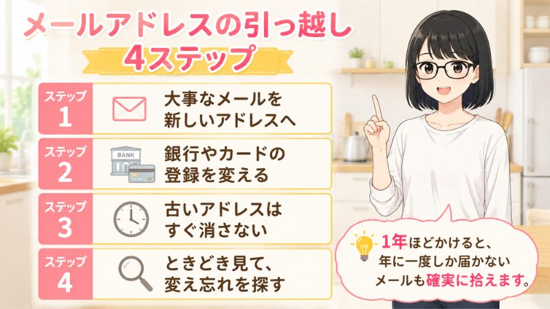 メールアドレスの引っ越し4ステップ。①大事なメールを新しいアドレスへ②銀行やカードの登録を変える③古いアドレスはすぐ消さない④ときどき見て変え忘れを探す。1年ほどかけると年に一度しか届かないメールも確実に拾える