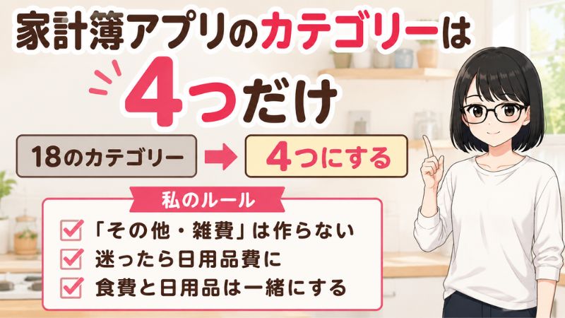家計簿アプリのカテゴリーは4つだけ。18のカテゴリー→4つにする。私のルール・その他、雑費は作らない・迷ったら日用品費に・食費と日用品は一緒にする