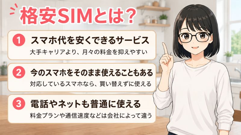 格安SIMとは?①スマホ代を安くできるサービス・大手キャリアより月々の料金を抑えやすい②今のスマホをそのまま使えることもある・対応しているスマホなら買い替えずに使える③電話はネットも普通に使える・料金プランや通信速度は会社によって違う