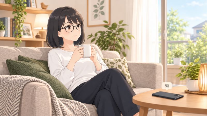 欲しいものをカートに入れたまま、ソファでお茶を飲んで時間を置いているところ