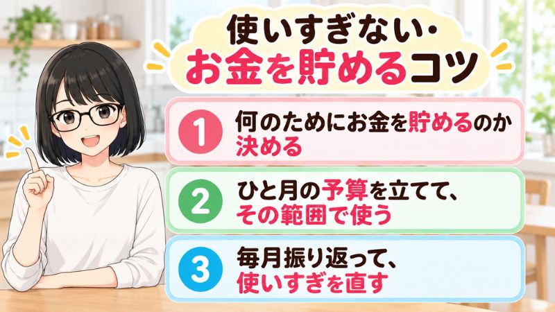 使いすぎない・お金を貯めるコツ。①何のためにお金を貯めるのか決める。②ひと月の予算を立てて、その範囲で使う。③毎月振り返って、使いすぎを直す。
