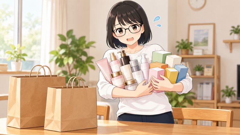 セールで化粧品やサプリをたくさん買い込んで、両手いっぱいに抱えているところ
