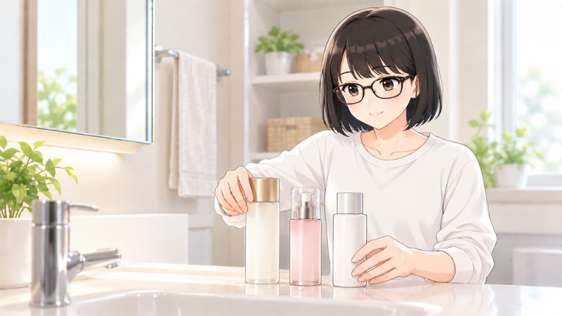 洗面台に、ローションと日焼け止めなど3本だけを並べているところ