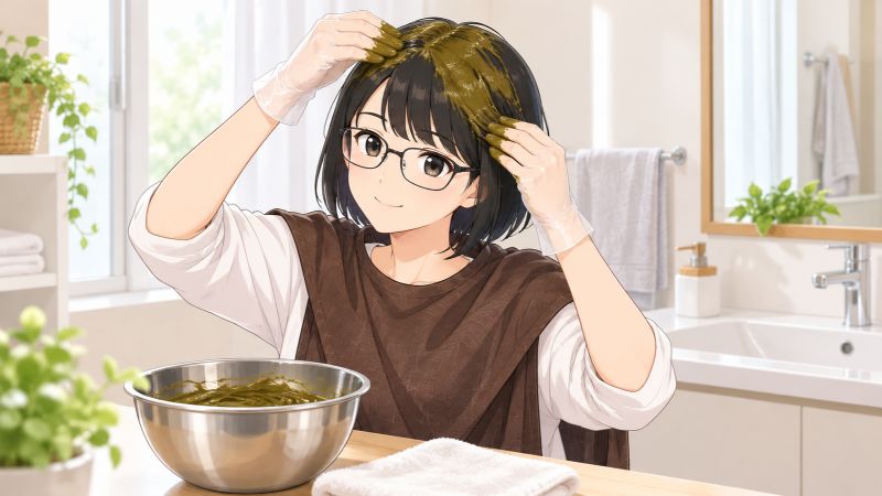 メガネをかけたまま、自宅でヘナ染めをしている様子