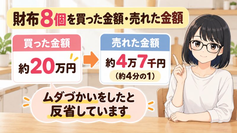 財布8個を買った金額・売れた金額。買った金額20万円→売れた金額4万7千円（約4分の1）。ムダづかいをしたと反省しています。